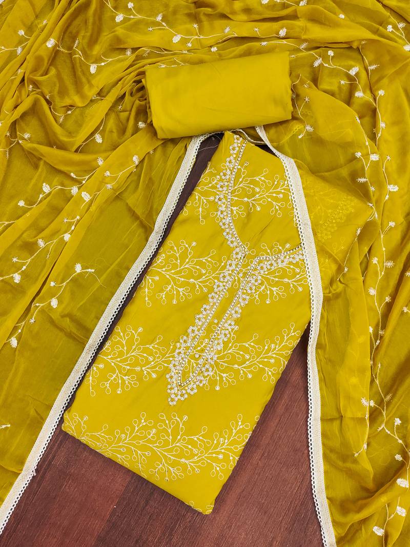 Lemon yellow cotton embroidered unstitched dress material