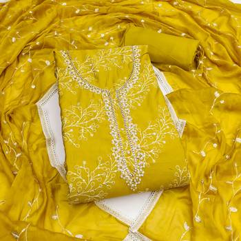 Lemon yellow cotton embroidered unstitched dress material 2