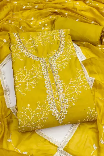 Lemon yellow cotton embroidered unstitched dress material