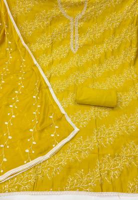 Lemon yellow cotton embroidered unstitched dress material 3