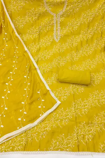 Lemon yellow cotton embroidered unstitched dress material