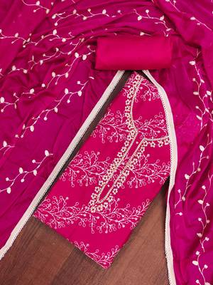 Magenta cotton embroidered unstitched dress material 1