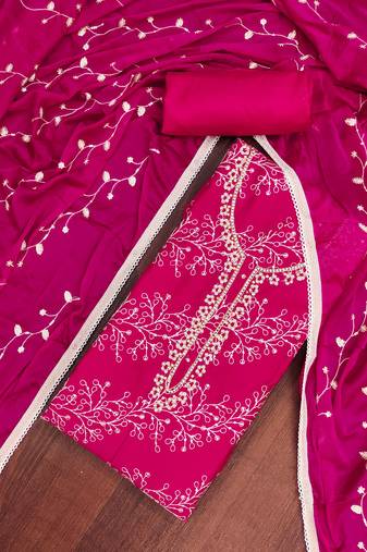 Magenta cotton embroidered unstitched dress material
