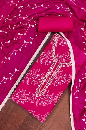 Magenta cotton embroidered unstitched dress material