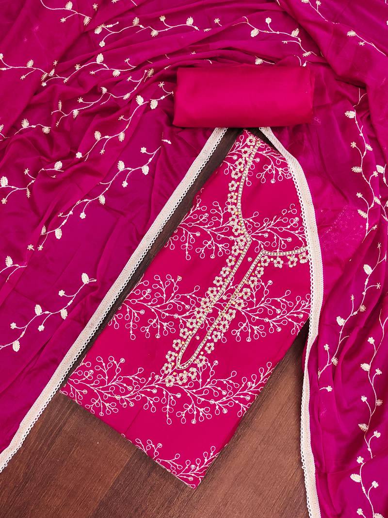 Magenta cotton embroidered unstitched dress material
