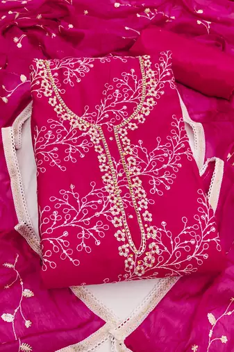 Magenta cotton embroidered unstitched dress material