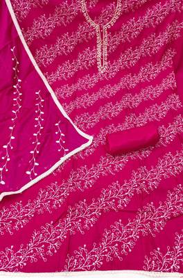 Magenta cotton embroidered unstitched dress material 3