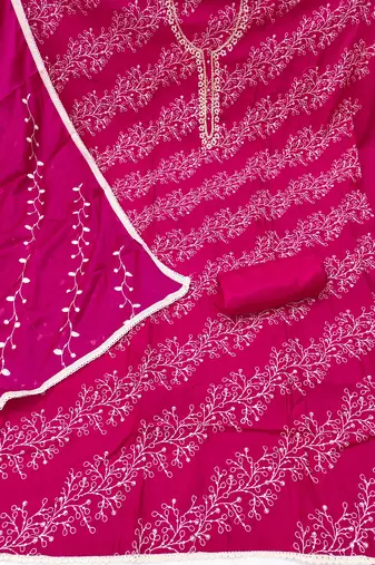 Magenta cotton embroidered unstitched dress material