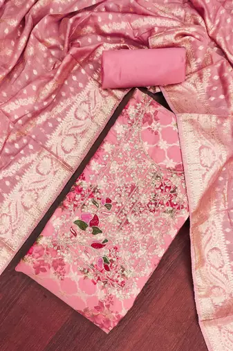 Pink banarasi modal digital print unstitched dress material