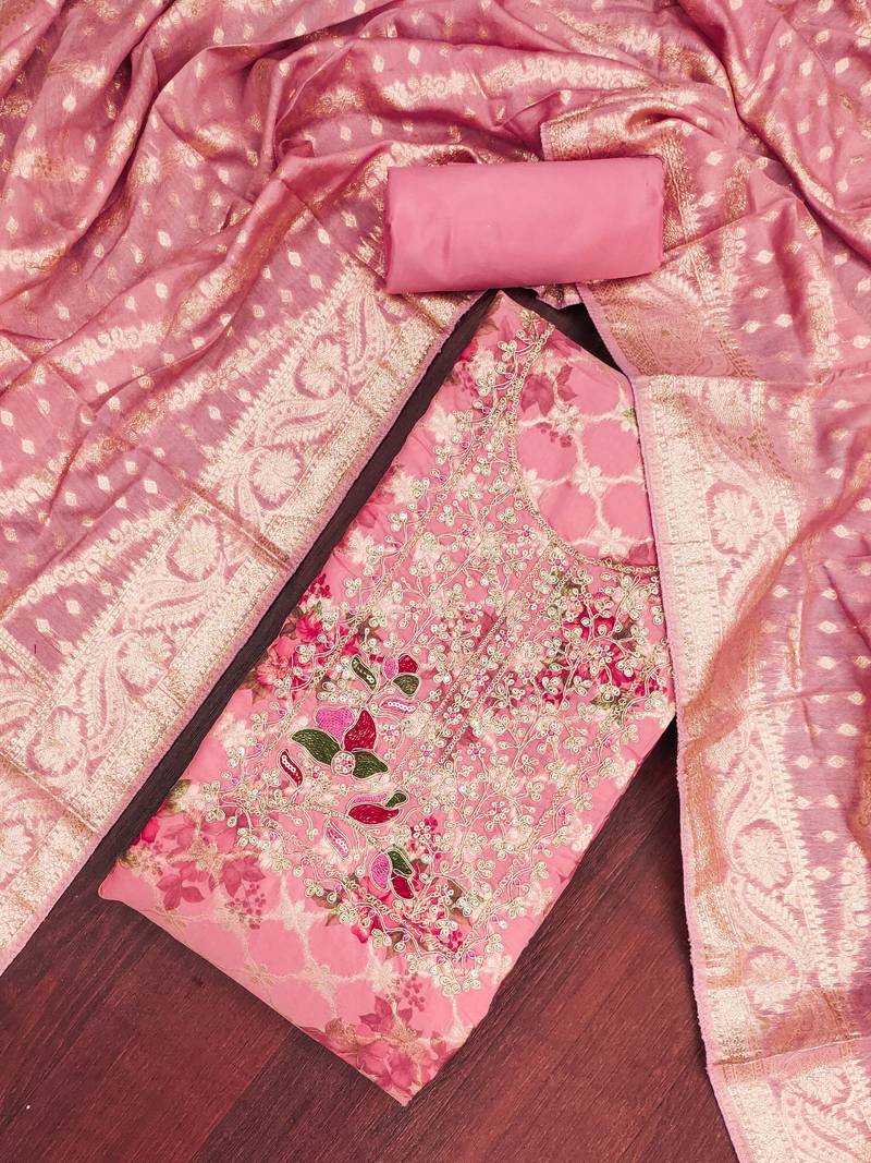 Pink banarasi modal digital print unstitched dress material