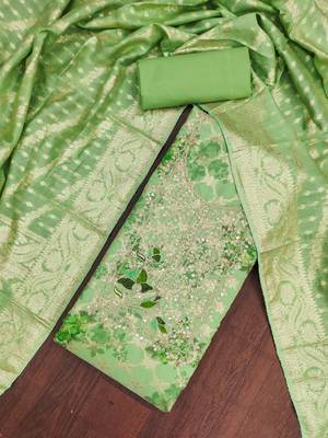 Green banarasi modal digital print unstitched dress material 1