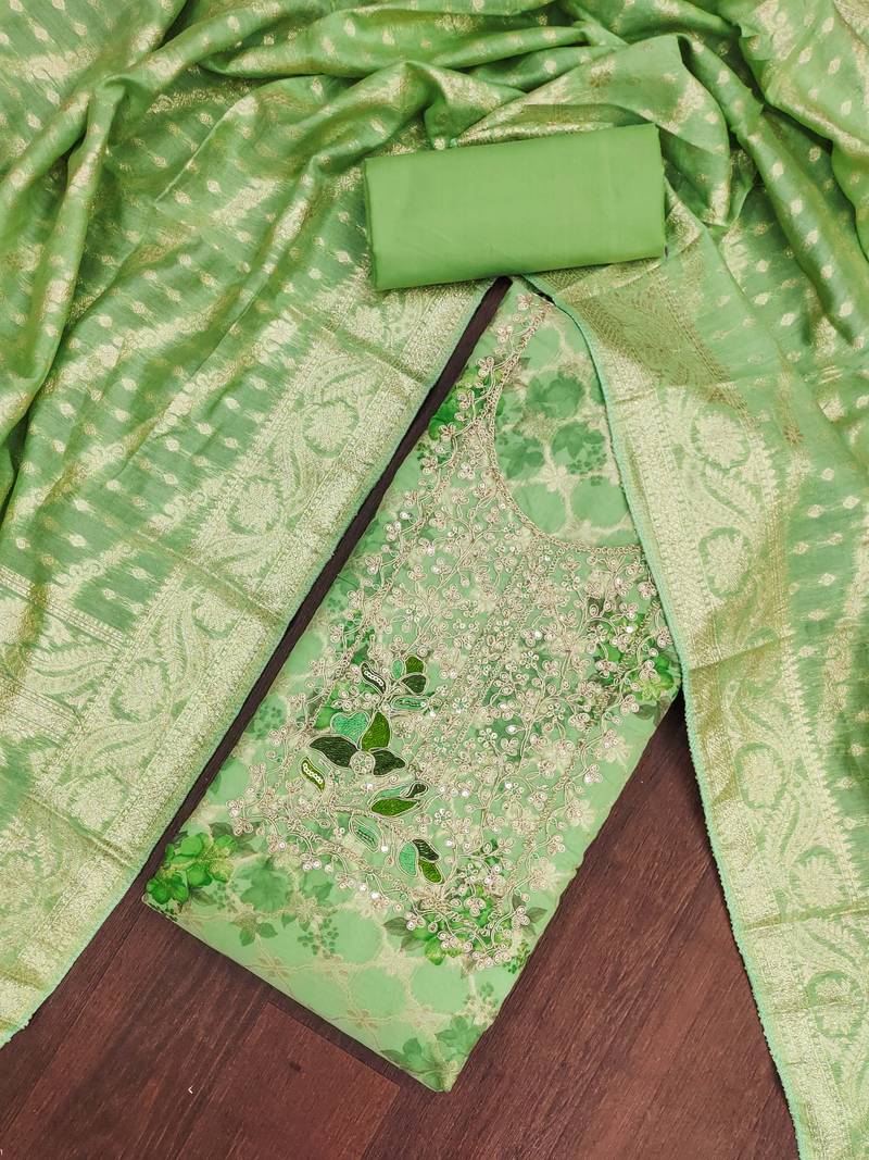 Green banarasi modal digital print unstitched dress material