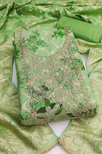 Green banarasi modal digital print unstitched dress material