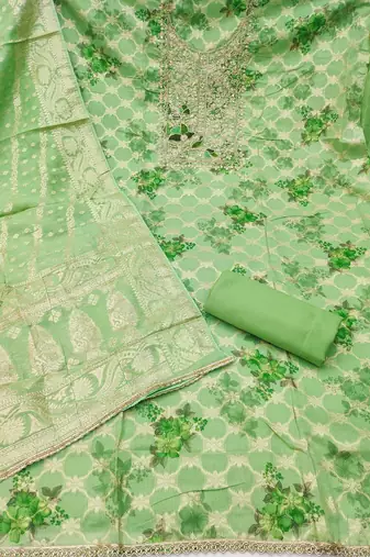 Green banarasi modal digital print unstitched dress material