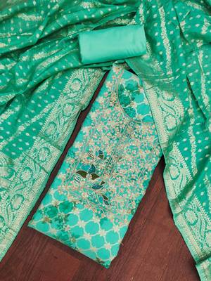 Turquoise banarasi modal digital print unstitched dress material 1