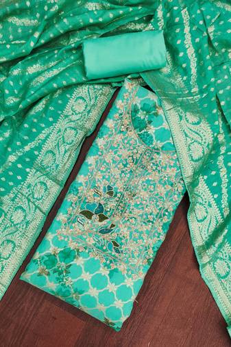 Turquoise banarasi modal digital print unstitched dress material