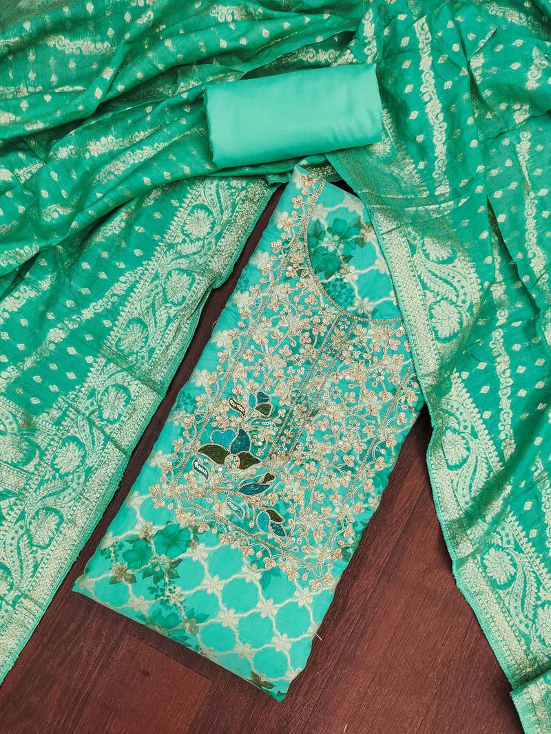 Turquoise banarasi modal digital print unstitched dress material