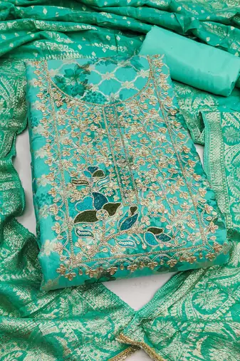 Turquoise banarasi modal digital print unstitched dress material