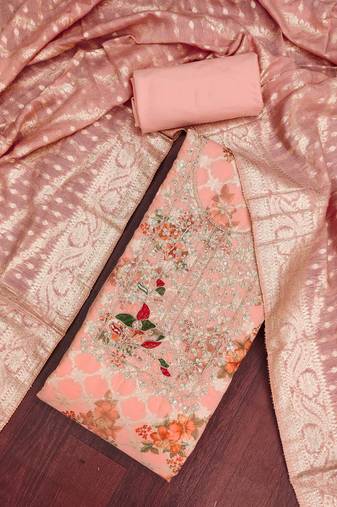 Peach banarasi modal digital print unstitched dress material