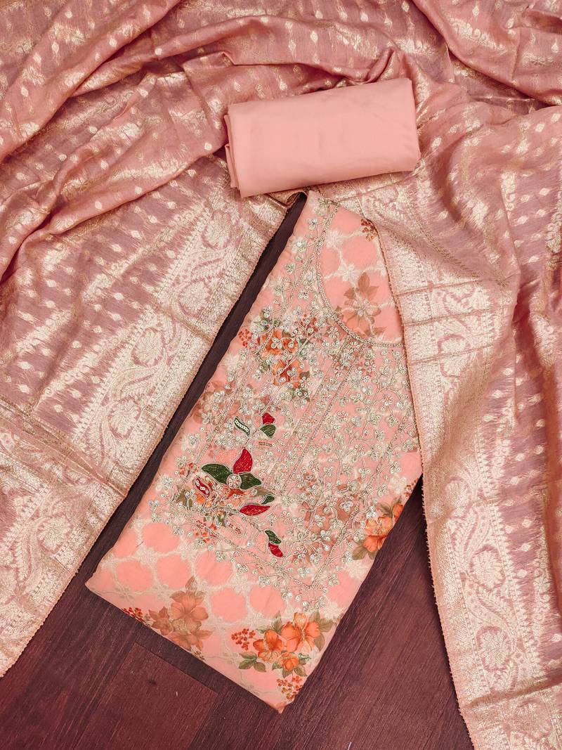 Peach banarasi modal digital print unstitched dress material