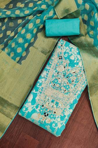 Turquoise banarasi modal digital print unstitched dress material
