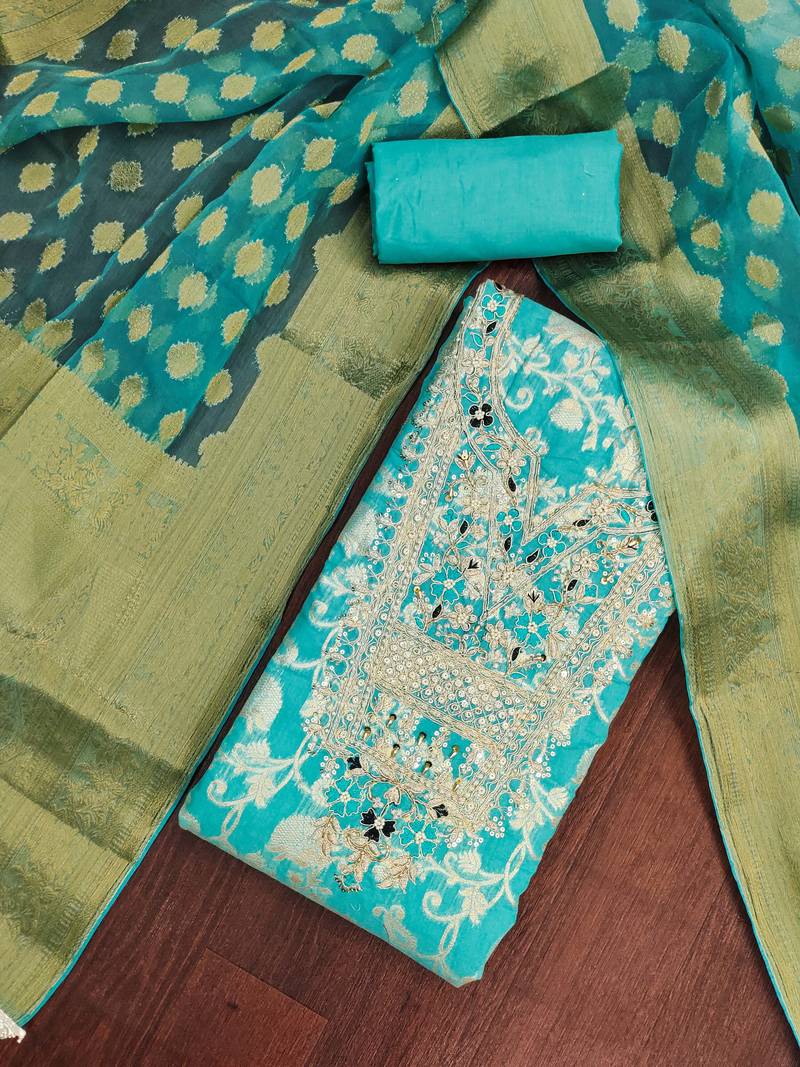 Turquoise banarasi modal digital print unstitched dress material