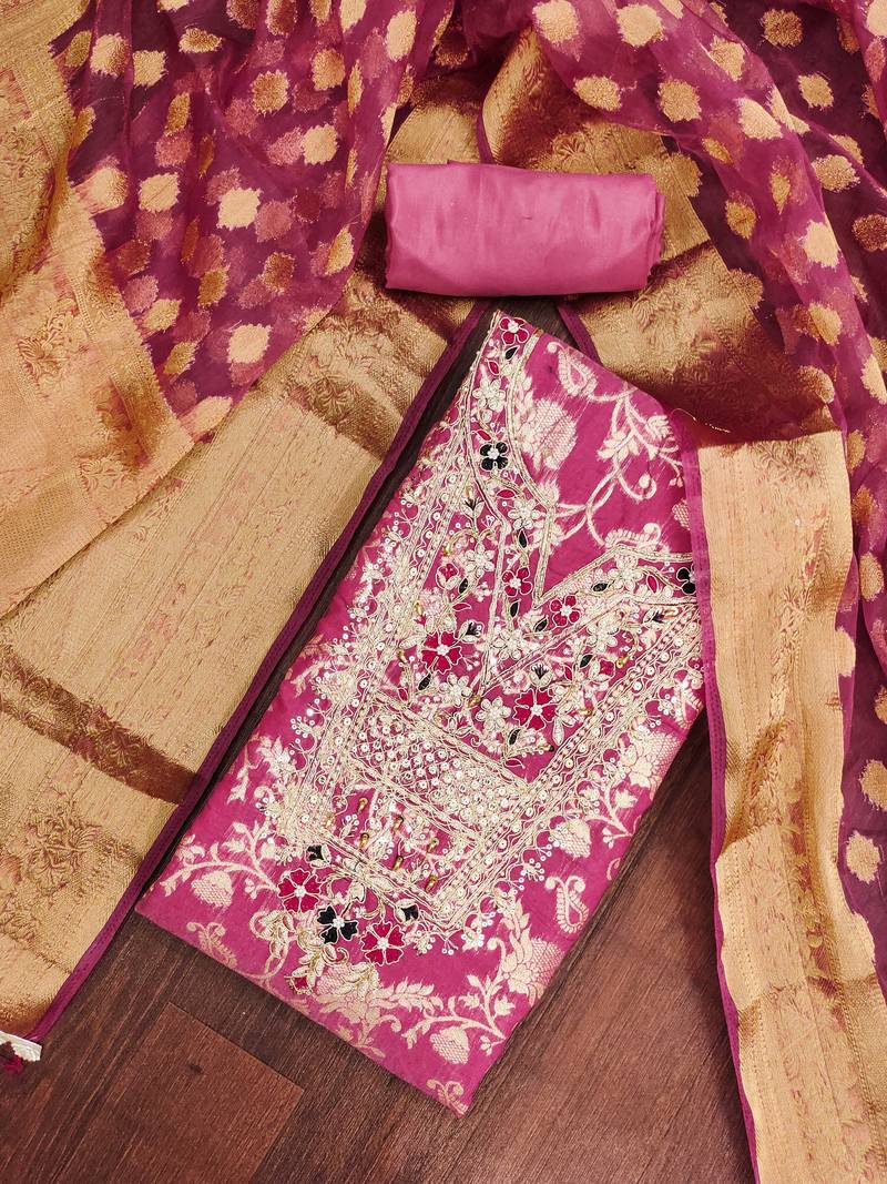 Pink banarasi modal digital print unstitched dress material