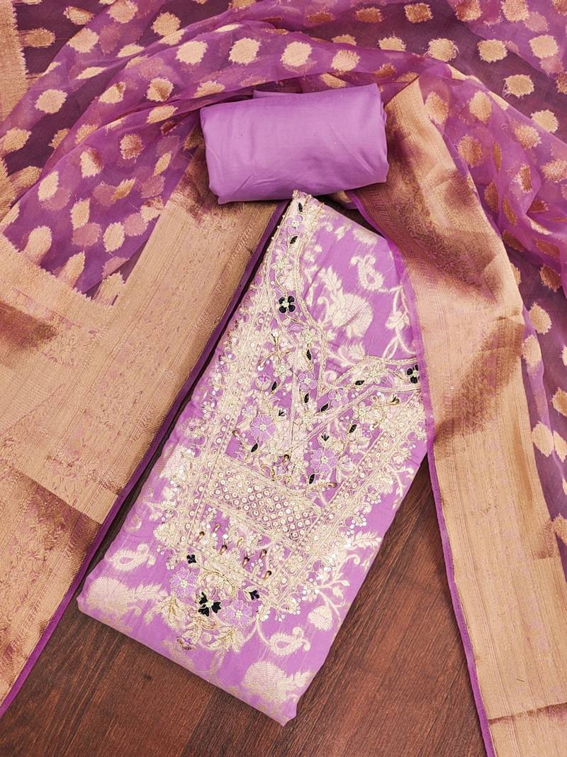 Lavender banarasi modal digital print unstitched dress material