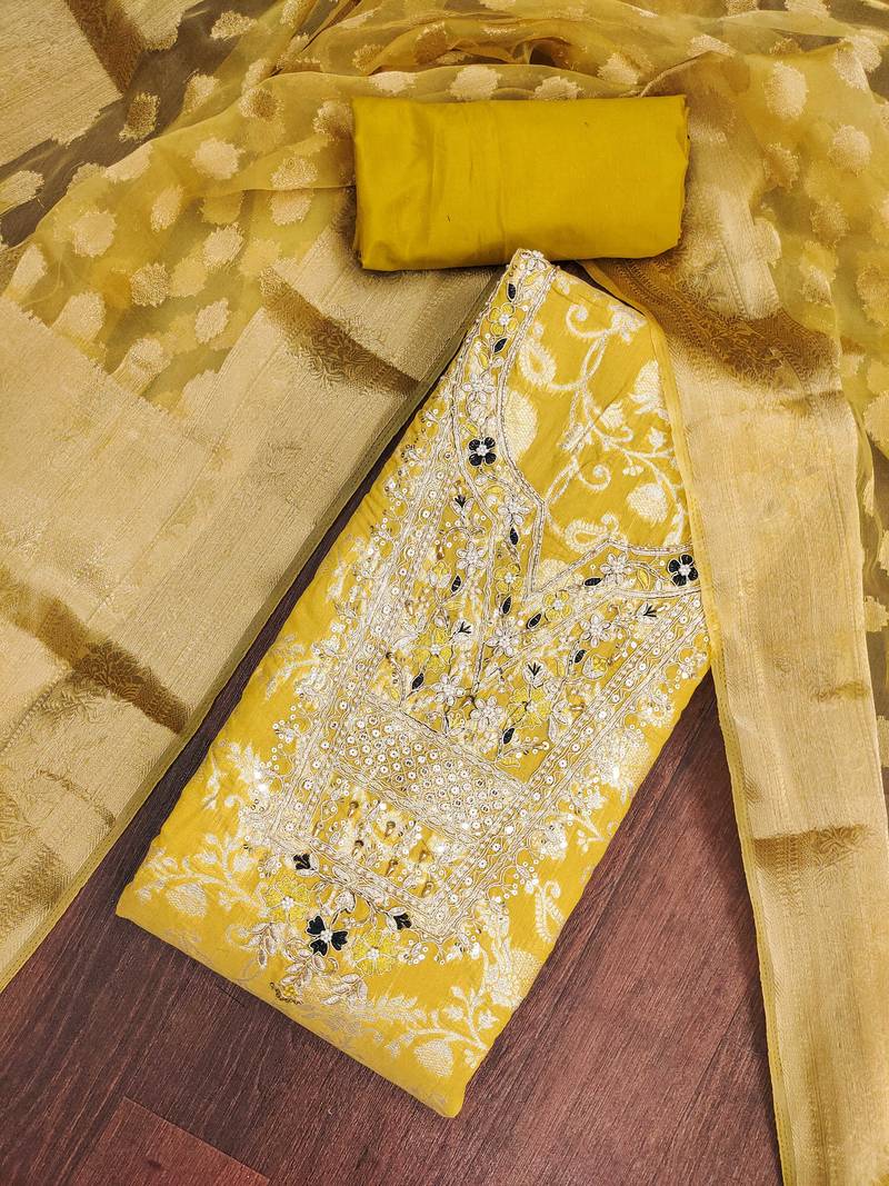 Mustard banarasi modal digital print unstitched dress material