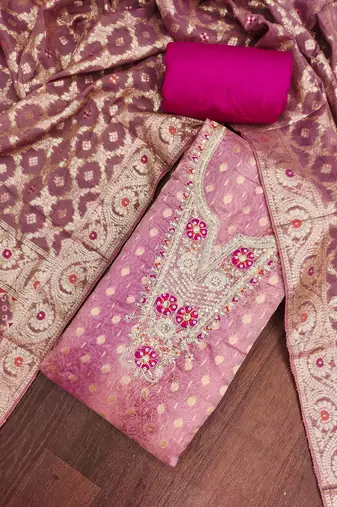 Pink organza digital print unstitched dress material