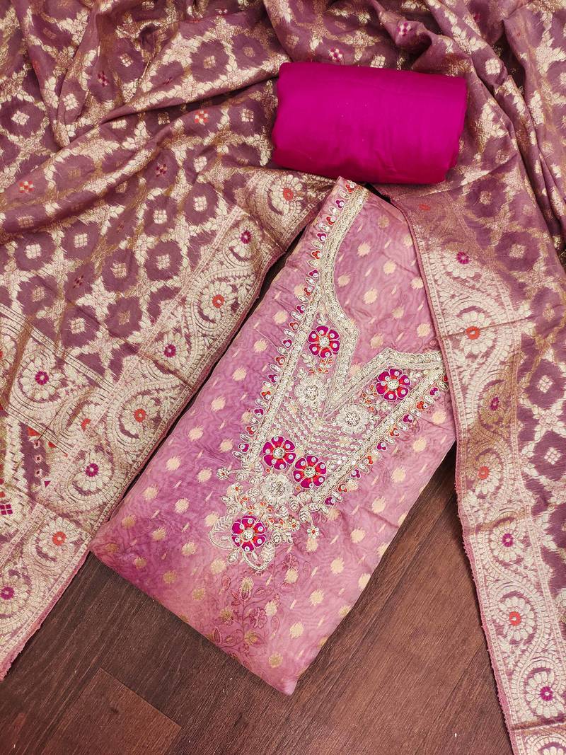 Pink organza digital print unstitched dress material