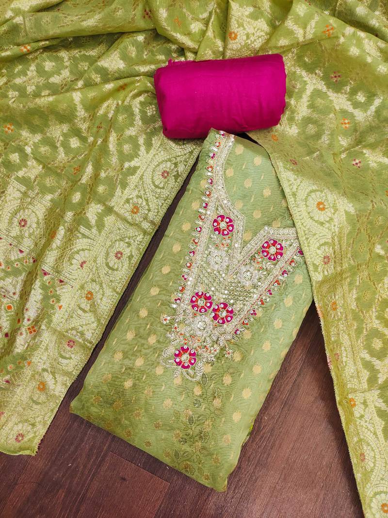 Green organza digital print unstitched dress material