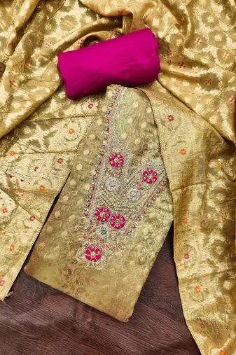 Olive organza digital print unstitched dress material