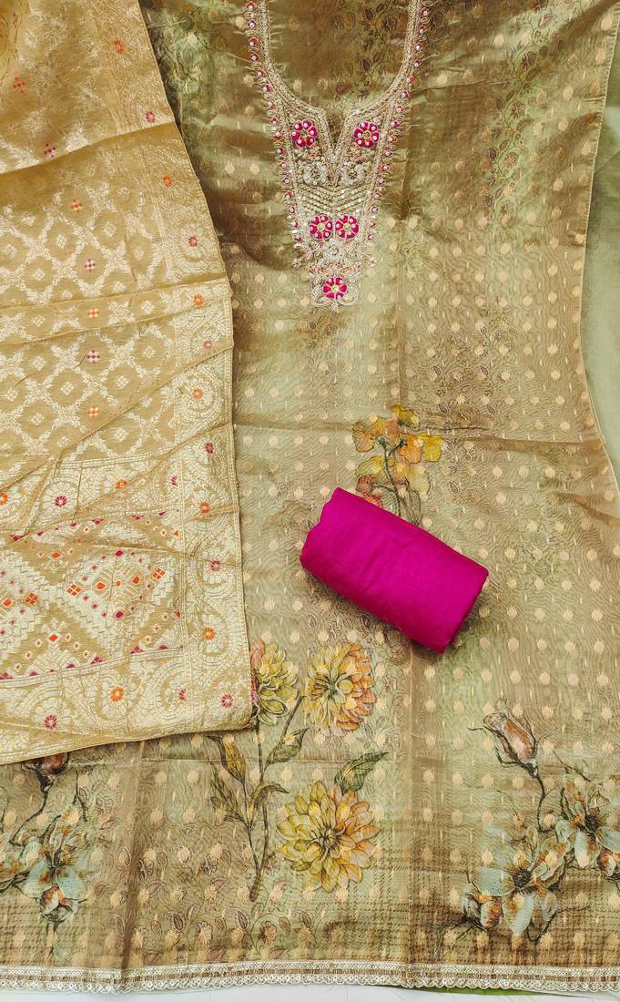 Olive organza digital print unstitched dress material