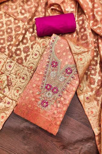 Peach organza digital print unstitched dress material