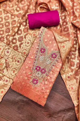 Peach organza digital print unstitched dress material