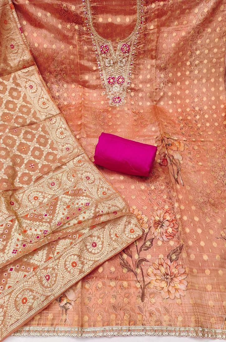 Peach organza digital print unstitched dress material