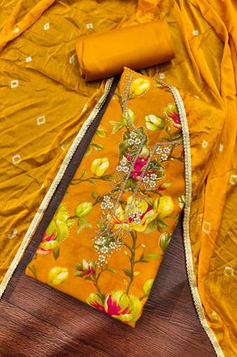 Mustard modal cotton printed unstitched dress material