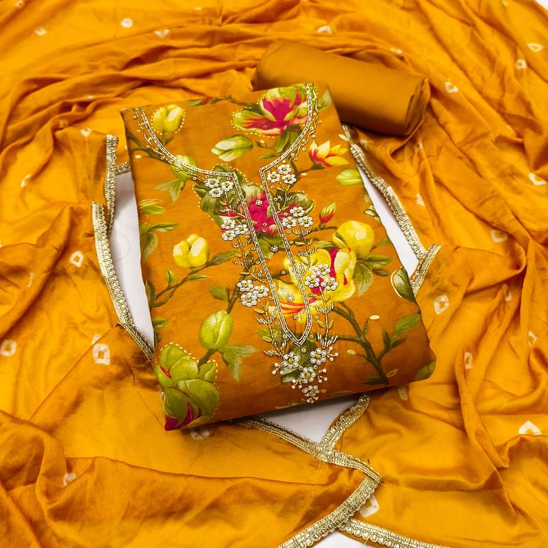 Mustard modal cotton printed unstitched dress material