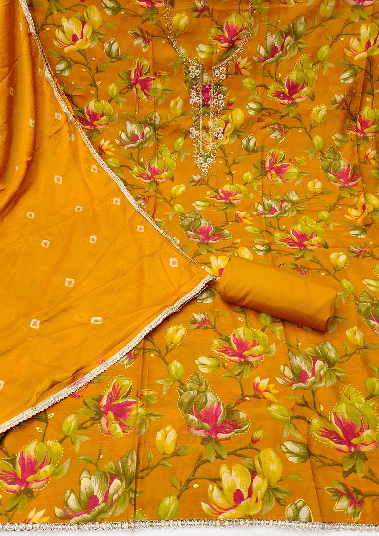 Mustard modal cotton printed unstitched dress material