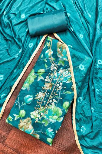 Turquoise modal cotton printed unstitched dress material