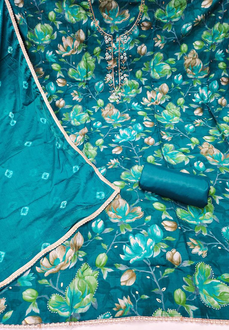 Turquoise modal cotton printed unstitched dress material