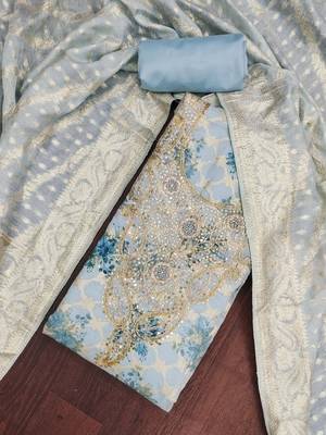 Blue banarasi modal digital print unstitched dress material 1