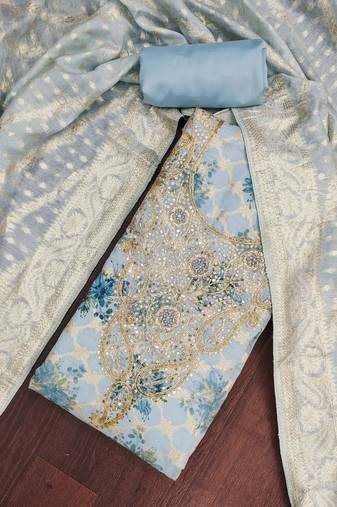 Blue banarasi modal digital print unstitched dress material