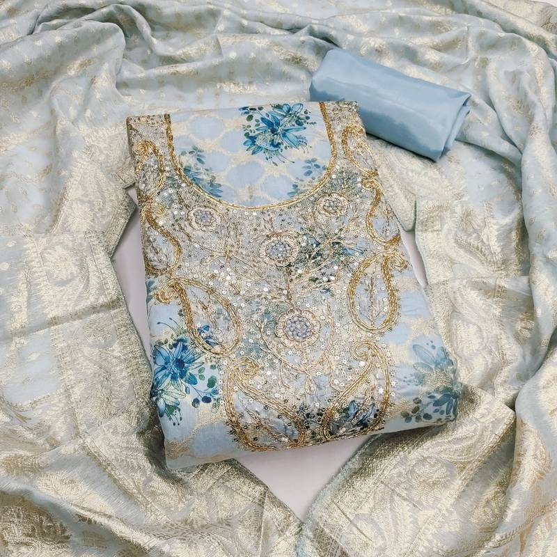 Blue banarasi modal digital print unstitched dress material