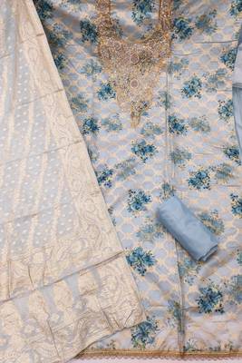 Blue banarasi modal digital print unstitched dress material 3