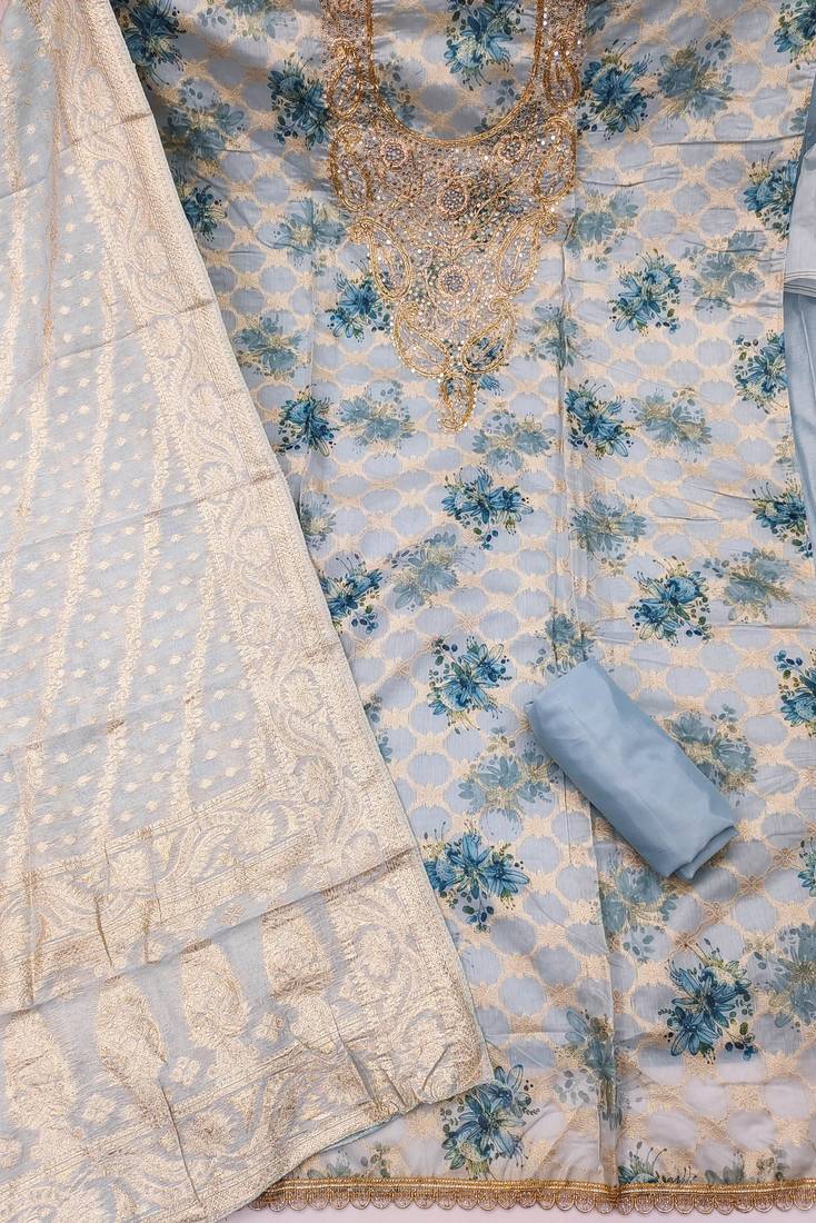 Blue banarasi modal digital print unstitched dress material