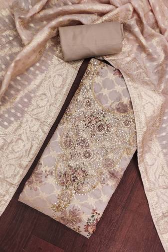 Brown banarasi modal digital print unstitched dress material