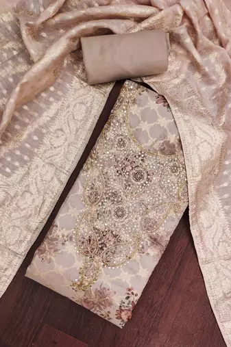 Brown banarasi modal digital print unstitched dress material