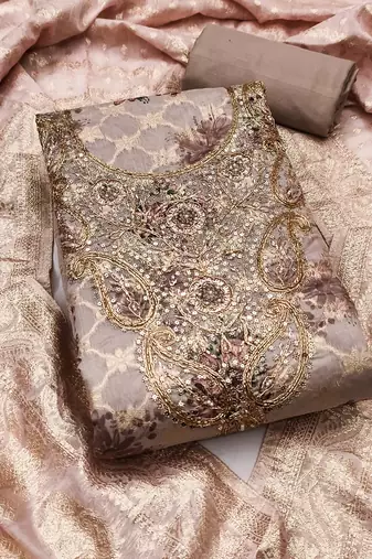 Brown banarasi modal digital print unstitched dress material
